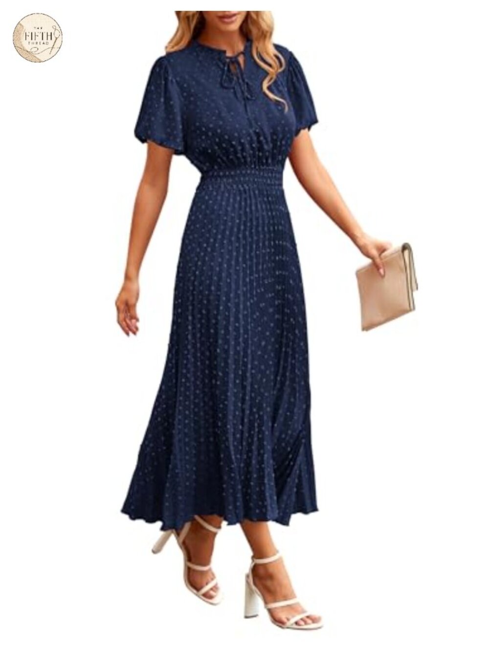 PRETTYGARDEN Womens Summer Midi Dress Puff Short Sleeve V Neck Swiss Dot